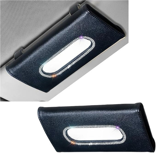 Bling Car Sun Visor Tissue Holder, Sparkling Crystal Rhinestone Visor Paper Towel Mask Box Holder, Glitter Diamond Auto Interior Napkin Cover Case, Universal for Truck SUV Van (Black)