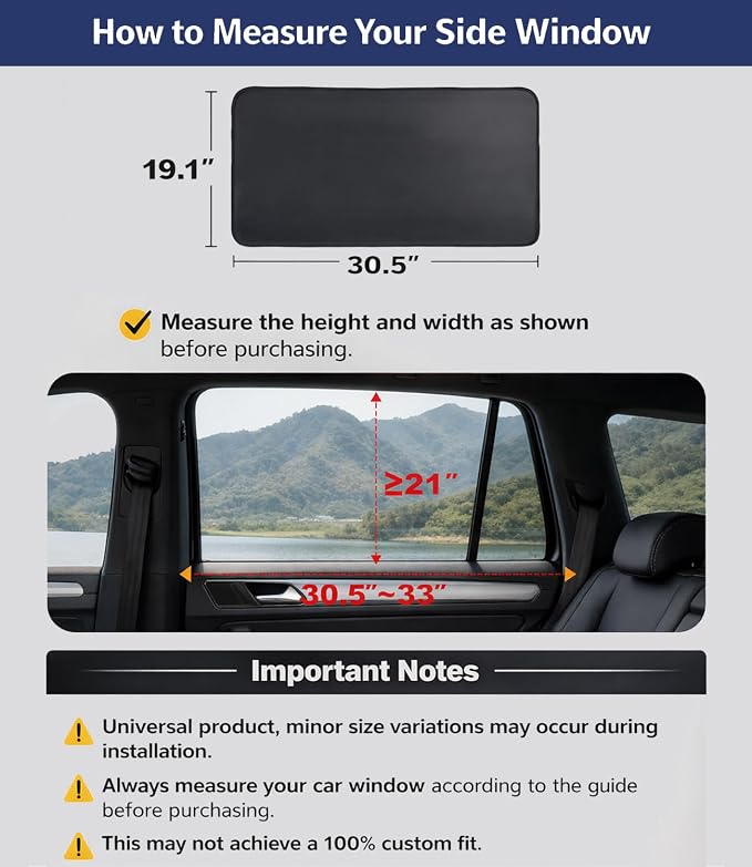 XCBYT Car Side Window Shades for Back Seat Windows, 100% Blackout, 4 Pack | Heat & UV protection, Privacy for camping, baby sleep, work break, road trip. Fits steel frames only, measure size before buy