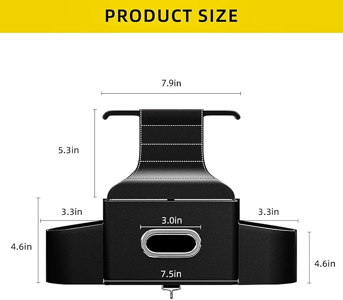 Back Seat Car Organizer with One Towel Leather Wood Materials (Black) | Tissue Box, 2 Drink Cup Holder, Phone Holder, Hook, Compatible with Most Vehicles