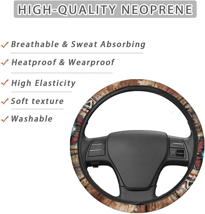 Wanyint Car Steering Wheel Cover Universal Fit SUV Truck Van, Anti-Skid Soft Stretchy All Weather Protection Auto Decor Accessories, Aztec Navajo Splash Brown