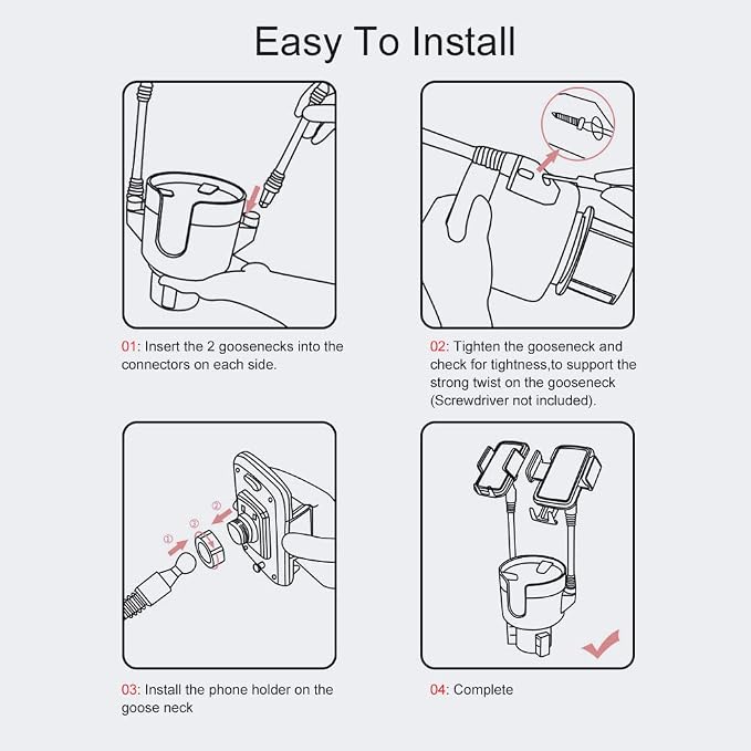 JINKEY Dual Cup Holder Phone Mount for Car，2-in-1 Adjustable Gooseneck Cradle with 360° Rotation Heavy Duty Universal Automobile Stand for Most 4"-6.7" i-Phone Mobile-Phone Holder