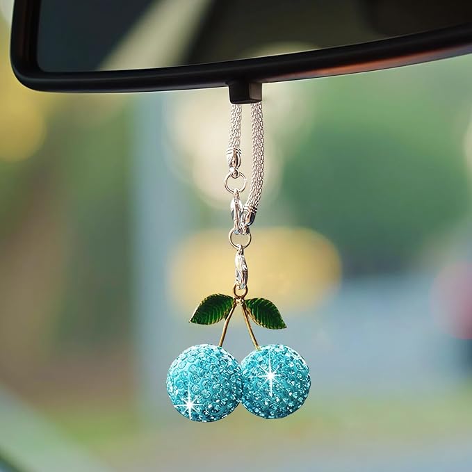 Bling Cherry Car Hanging Ornament, Cute Crystal Rear View Mirror Pendant, Sparkly Diamond Rearview Mirror Charms, Lucky Car Interior Decor Accessories (Blue)