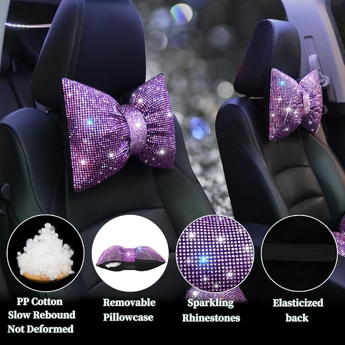 Car Pillow Headrest Auto Seat Headrest Cushion with Bow Tie Sparkly Bling Bling Rhinestone Accessories for Women Girls and Ladies Travel Comfort Head and Neck Rest Pink 2Pcs