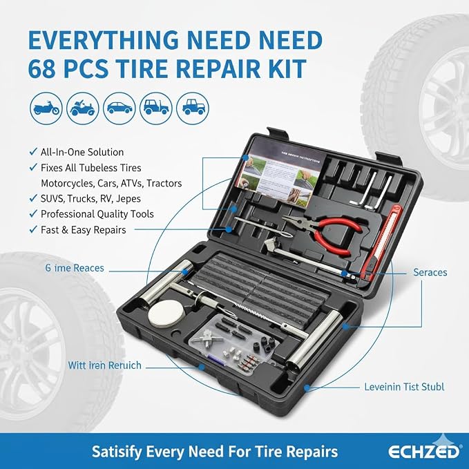 Tire Repair Kit - 68pcs Heavy Duty Tire Plug Kit, Universal Tire Repair Tools to Fix Punctures and Plug Flats Patch Kit for Car, Motorcycle, Tractor, SUV, Truck, Tire Puncture Repair Kit