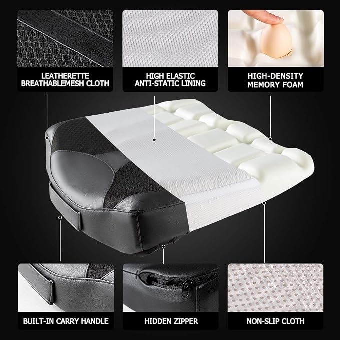 Car Memory Foam Heightening Front Seat Cushion for Short People Driving, Hip(Coccyx/Tailbone) and Lower Back Pain Relief Butt Pillows, Adult Booster Seat for Car. (Black)