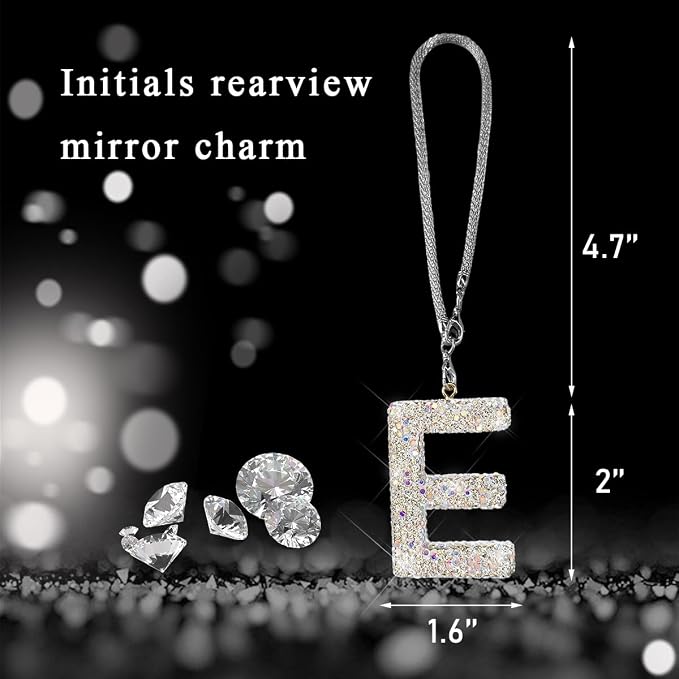 DXNQ Bling Initial Car Rear View Mirror Ornament, Crystal Sparkling Cute Letter Charm Pendant Auto Decor, Hanging Lucky Diamond Initial Charm Car Mirror Bag Ornament for Girl Women (Letter E)