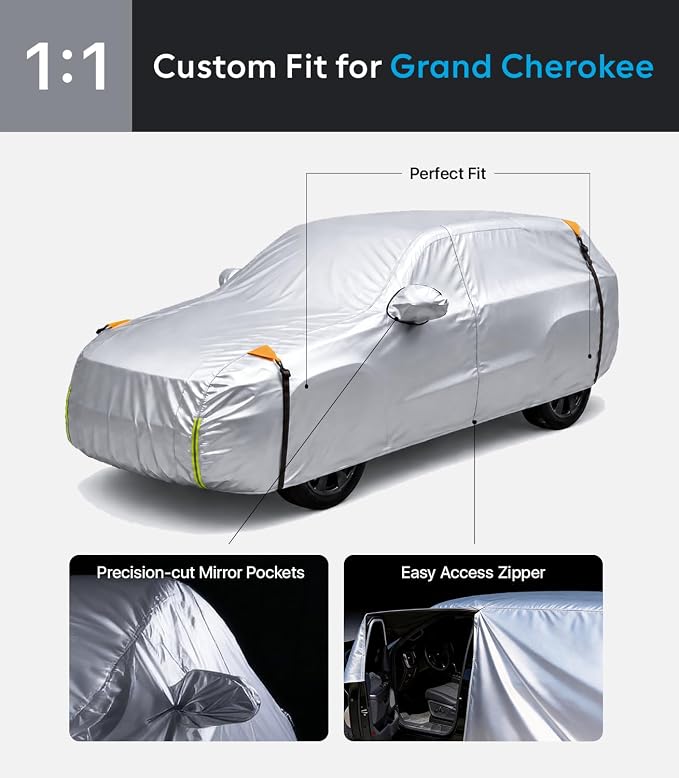 Wigoo Jeep Grand Cherokee Car Cover Accessories 1999-2026, Custom Fit Waterproof All Weather Outdoor Full SUV Cover, Windproof Sun UV Rain Snow Dust Protection, Door Zipper, Reflective Strips