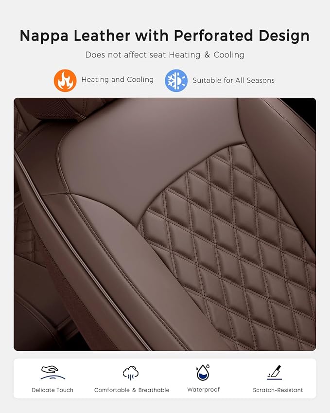 Huidasource Coffee Front Seat Cover, Nappa Leather Front Car Seat Cover, Side Elastic Fabric, Compatible with Airbags, Seat Belts, Universal Fit for Most Cars, Vans, Trucks, SUV (Front Pair/Coffee)