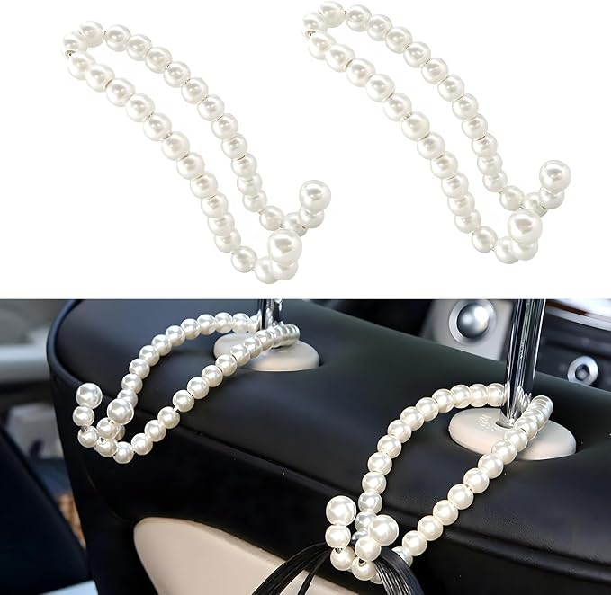 2PCS Elegant Pearl Car Seat Headrest Hook, Cute Pearl Car Seat Back Hook Storage Organizer, Exquisite Headrest Hanger Purse Holder Interior Decoration for Women Girls