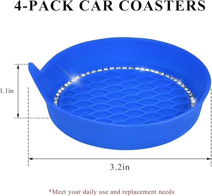 Sun Walker 4 PCS Bling Car Cup Holder Coaster, Non Slip Sparkly Rhinestone Cup Holder Pad Insert Coaster, Shockproof Silicone Shiny Embedded Drink Mat Interior Decor for Most Vehicles (Blue)