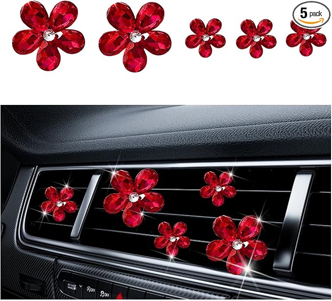5PCS Bling Flower Car Air Vent Clips, Crystal Rhinestone Vehicle Air Conditioning Outlet Clip, Diamond Automotive Interior Decoration Charm, Universal for Automobile RV Truck (Red)