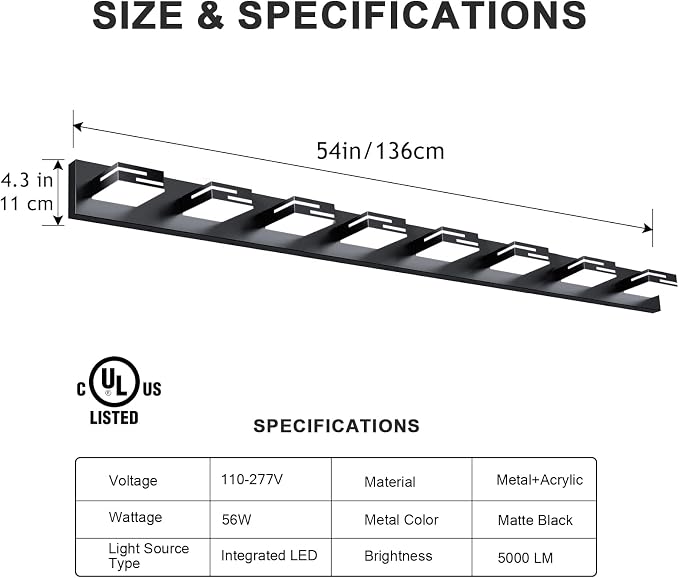 LED Modern Bathroom Vanity Light Fixtures, Dimmable Matte Black Vanity Lights for Bathroom Lighting Fixtures Over Mirror, with 360° Rotatable Acrylic Heads 8-Light 54-inch (Cool White 6000K)