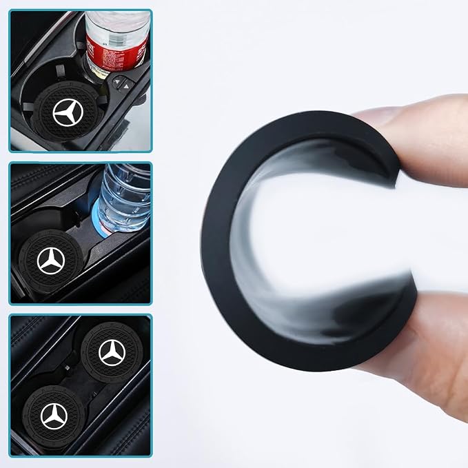 Car Coasters for Mercedes Benz Cup Holders with Logo, for AMG GT GLC GLE G C-Class S-Class E-Class GLA, Silicone Non-Slip Car Cup Holder Coasters Car Coaster Interior Accessories 2Pcs-Black 2.75''