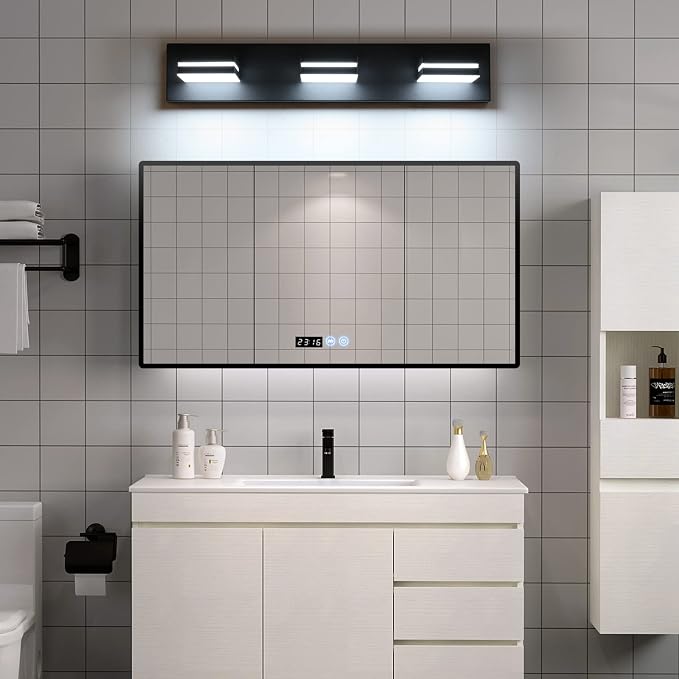 SineRise LED Modern Bathroom Vanity Light Fixtures, Dimmable Matte Black Modern Acrylic Bathroom Wall Lighting Fixtures Over Mirror (Cool White 6000K)