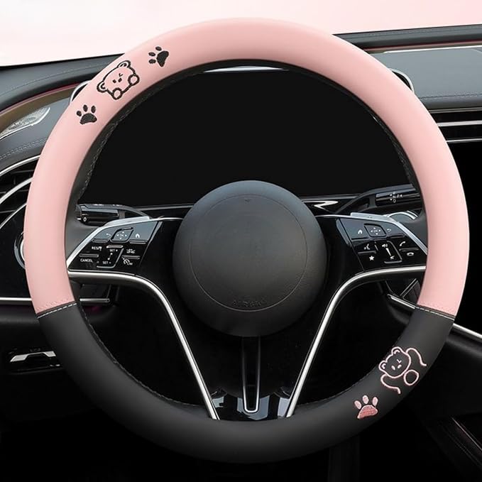 15 Inches Universal Round Leather Car Steering Wheel Cover, Cute Bear Soft Breathable Non-Slip Steering Wheel Protector Wrap (Pink-Black)