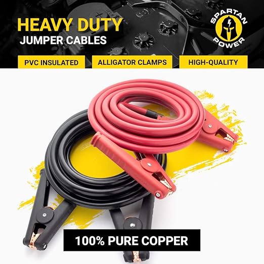 Spartan Power Heavy Duty Jumper Cables with Alligator Clips, 100% Pure Copper Wire, Positive & Negative Leads Battery Cable, Made in The USA - 2/0 AWG Gauge Cable, 20 ft