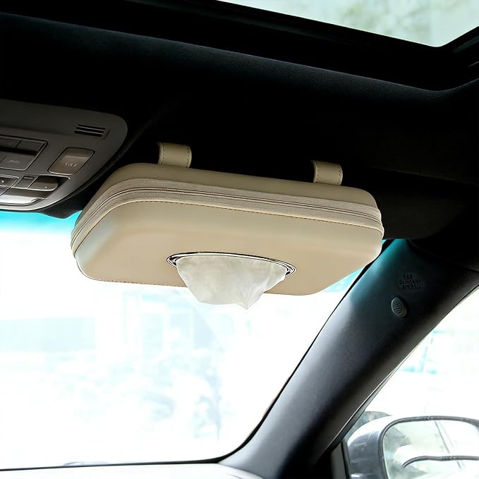 Car Sun Visor Tissue Holder, Leather Stylish Vehicle Visor Backseat Napkin Organizer Box with Zipper, Auto Interior Sunvisor Paper Towel Mask Dispenser Case, Universal for SUV Van RV (Beige)