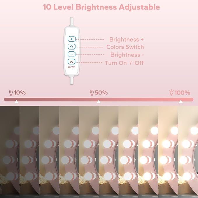 LED Vanity Lights For Mirror, Pink Vanity Light Stick on with 10 Dimmable Bulbs, 3000K 4000K 6500K & 10 Level Brightness Adjustable USB Cable Hollywood Mirror Lights for Makeup Dressing Room Bathroom