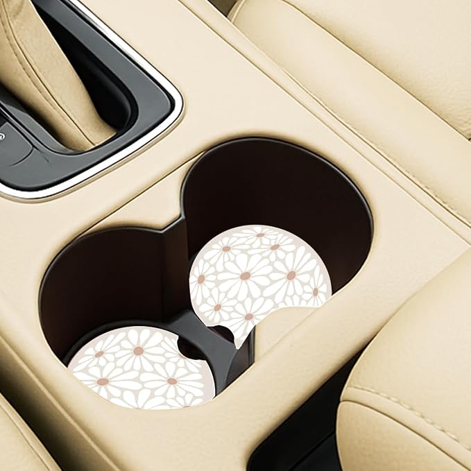 Ceramic Car Coasters – Absorbent Car Cup Holder Coaster Set for Women, Cute Aesthetic Car Accessories for Girls, 2 Pack (Almond Milk)