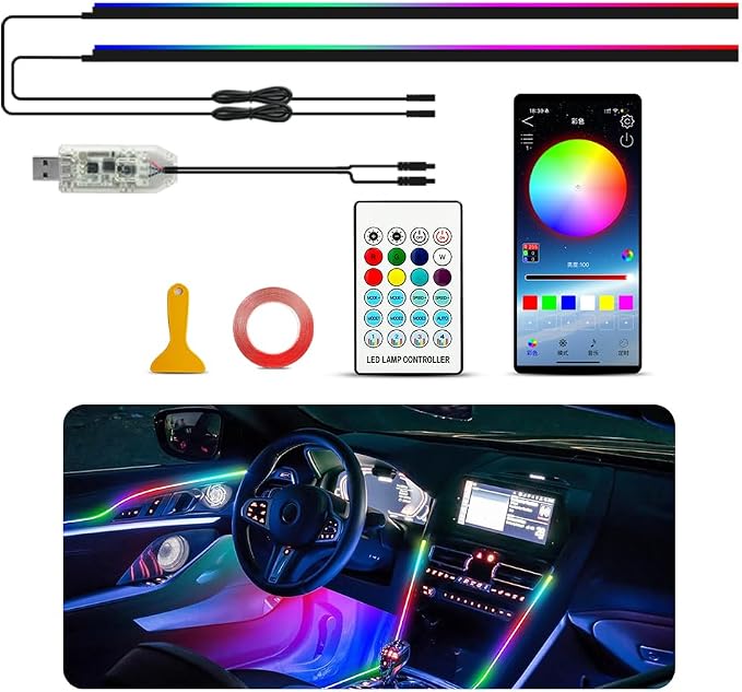 Ambient Lighting Car led Lights Interior, 43.3'' USB Powered Acrylic Neon Flexible Strip Model y Ambient Lighting kit with Remote APP,Dynamic RGB 2 in 1 Music Lights Sync for Inside car Decorations