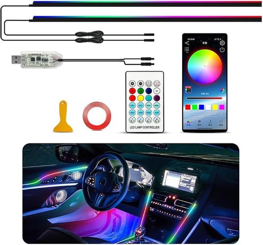 Ambient Lighting Car led Lights Interior, 43.3'' USB Powered Acrylic Neon Flexible Strip Model y Ambient Lighting kit with Remote APP,Dynamic RGB 2 in 1 Music Lights Sync for Inside car Decorations