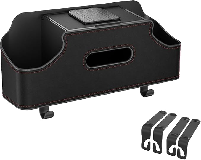 Car Headrest Backseat Organizer, Multi-Functional Vehicle Headrest Hanging Storage Box with Hook Cup Phone Holder Tissue Box, Universal Automotive Interior Seat Back Organizer (Black)