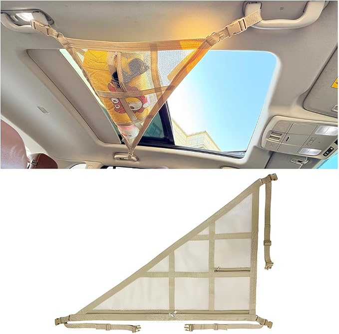 Car Ceiling Cargo Net Pocket, Double-Layer Mesh Strengthen Load Bearing Vehicle Roof Storage Organizer, Auto Interior Cargo Net with Zip Seal, Compatible with Three Handles Vehicle (Beige)