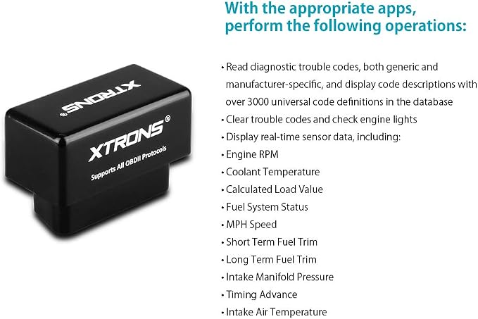 XTRONS Wireless Bluetooth OBD2 Android OBDII Car Auto Diagnostic Scanner Tool Torque Special for XTRONS Android Car Stereo for Ford for Cadillac for Lexus for VW for Porsche for BMW (TQ101 TME100L)