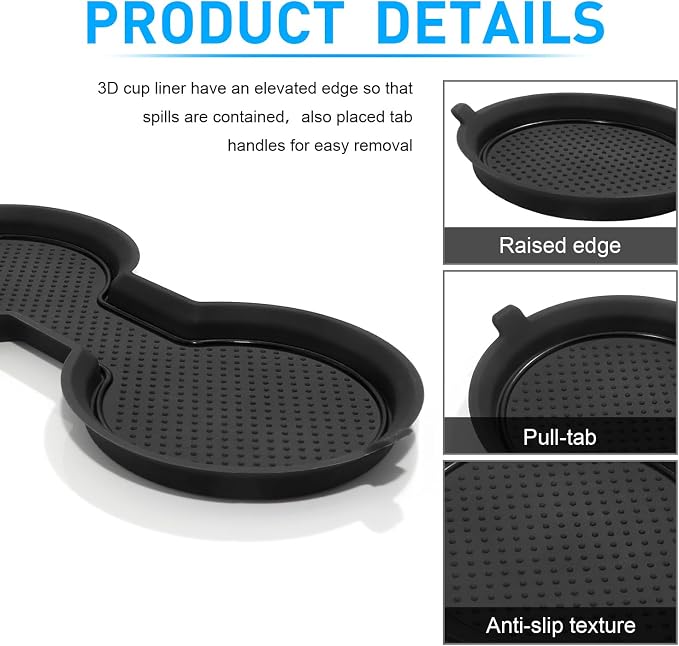 for Tesla Model 3 Accessories 2021-2023 Model Y 2021-2024 2025 Cup Holder Inserts Center Console Liner Coasters Mat Pad Interior Decoration 3D Silicone (Black Trim, 3 pcs)