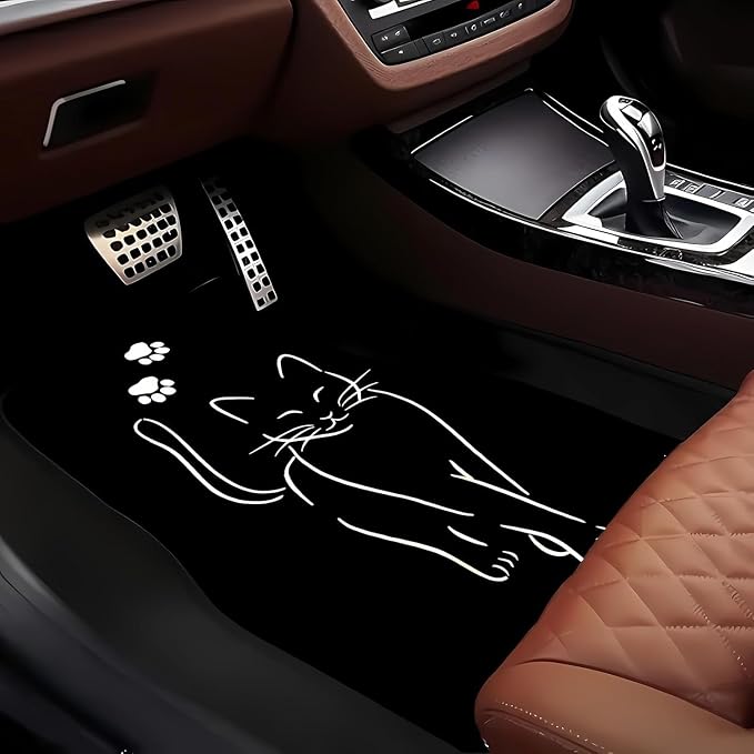 Universal Fit Car Floor Mats Set of 4Pcs, All-Weather Front Rear Car Carpet Mats, Non-Slip Car Floor Mat Car Accessories for Automotive Trucks SUV Sedans Vans (Cute Black Cat)