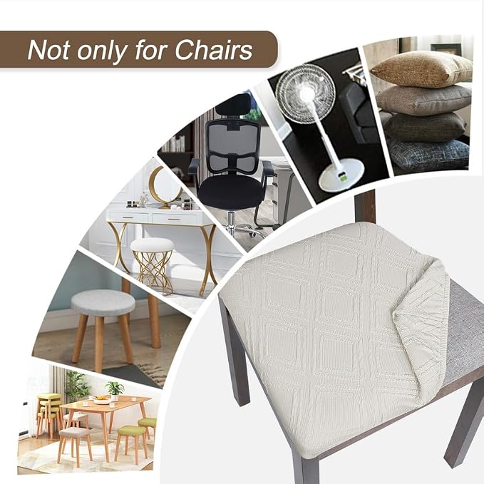 SearchI Waterproof Seat Covers for Dining Room Chairs Stretch Jacquard Chair Seat Covers Set of 6, Removable Washable Kitchen Chair Seat Protector Cushion Slipcovers for Office (Beige Rhombus)