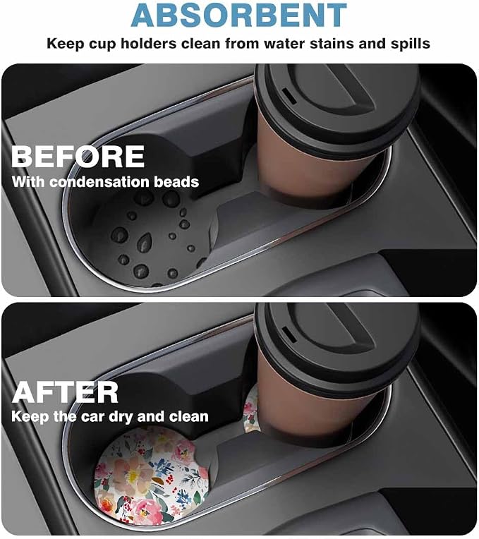 Romantic Floral 2 Pack Car Cup Holder Coaster Spring Garden Colorful Plants Anti Slip Insert Absorbent Ceramic Car Coaster with Cork Base and Finger Notch Cute Car Accessories Interior for Women Men