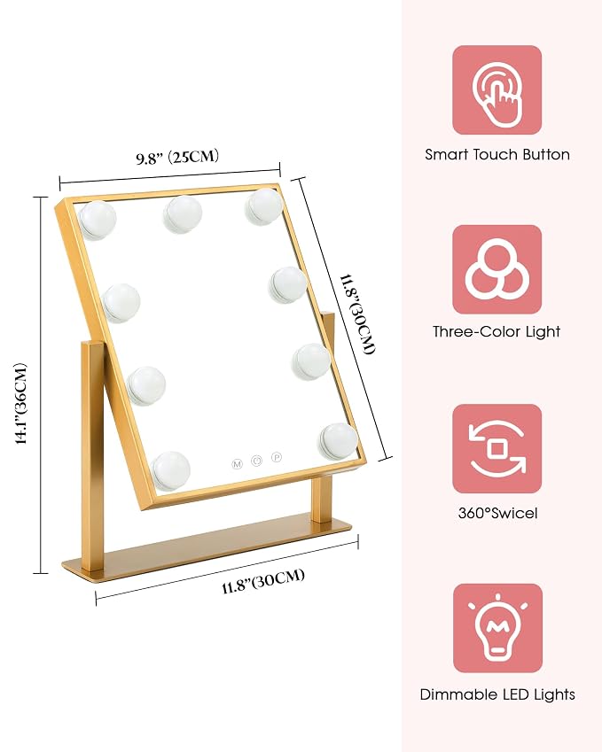 BWLLNI Vanity Mirror with Lights, Hollywood Mirror Lighted Makeup Mirror with 9 LED Bulbs, Touch Control Design 3 Colors Dimmable Bulbs Detachable 10X Magnification 360°Rotation(Gold)