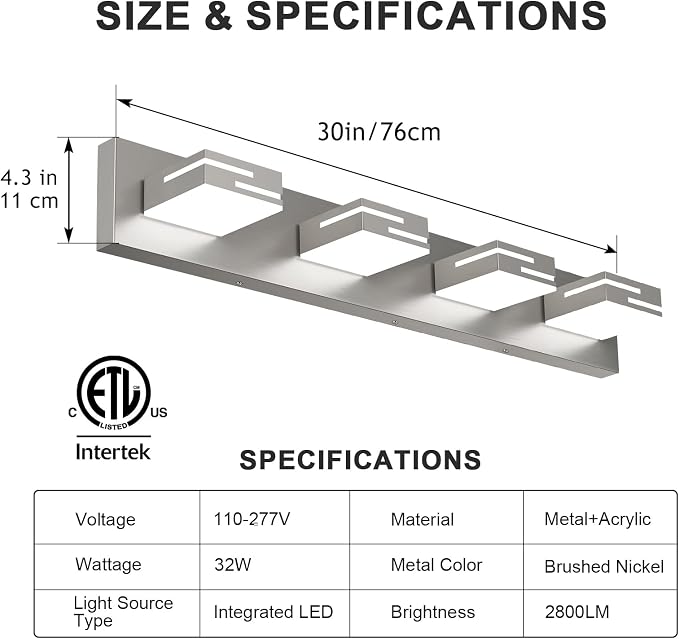 LED Modern Bathroom Vanity Light Fixtures, Dimmable Brushed Nickel Vanity Lights for Bathroom Lighting Fixtures Over Mirror, with 360° Rotatable Acrylic Heads 4-Light 30-inch (Cool White 6000K)