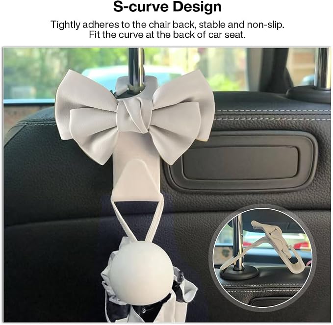 2-Pack Car Seat Headrest Hooks, Handbag Hangers, White leather | Storage organizer for handbags, clothes, coats and grocery bags; practical interior accessory for most cars and SUVs