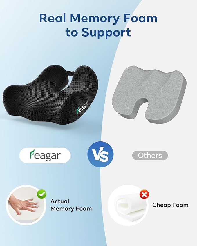 Feagar Seat Cushion for Office Chair - Memory Foam Tailbone Cushion for Desk Chair, Car Seat and Wheelchair - Ergonomic Chair Pad for Hip and Lower Back Comfort
