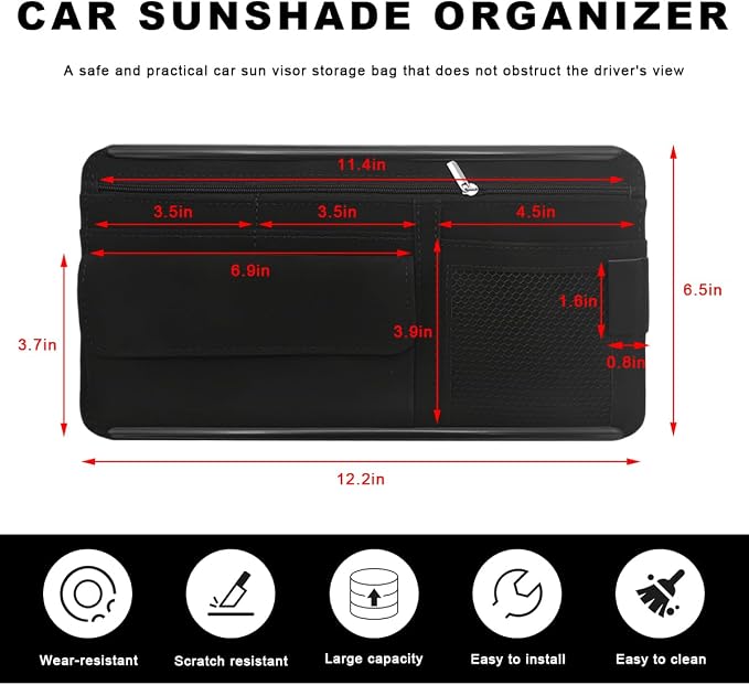 Car Sun Visor Organizer, Soft Leather Vehicle Sunshade Glasses Storage Bag with Net Zipper, Automotive Multi-Pocket Organizer for Drive License Card Glasses Document (Black)