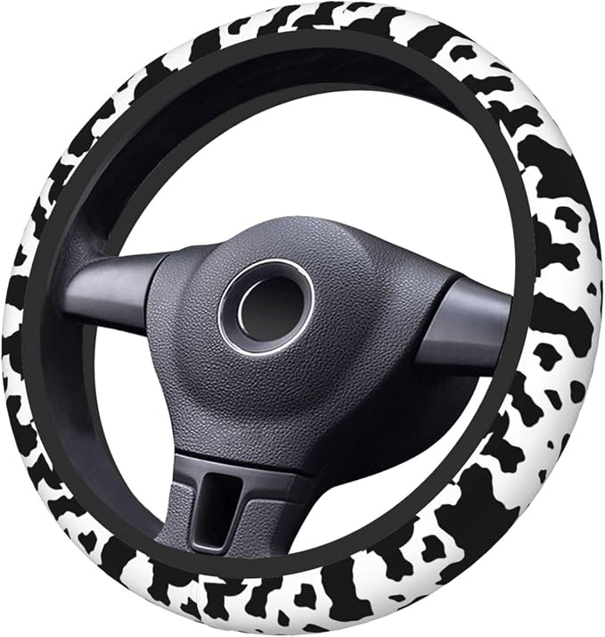 Black White Cow Print Neoprene Steering Wheel Cover for Men Women Anti-Slip Elastic Steering Wheel Protective Cover 15in Universal Car Accessories Fit Cars, SUVs, Auto