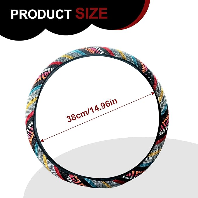 Boho Flax Cloth Steering Wheel Cover, Hippie Baja Blanket Anti-Slip Breathable Protector, Universal Fit 14.5-15 Inch for Cars SUV Van Truck, Women Car Interior Accessories (Style C)