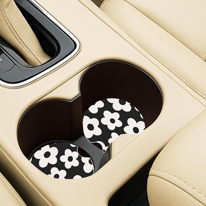 Ceramic Car Coasters – Absorbent Car Cup Holder Coaster Set for Women, Cute Aesthetic Car Accessories for Girls, 2 Pack (Carbon Black)
