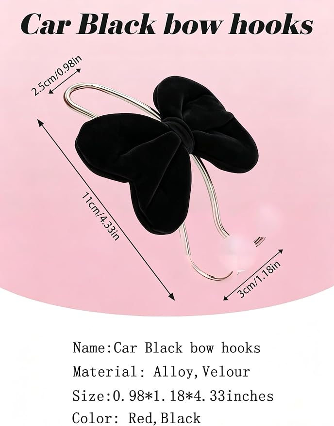 2PC Car Hooks for Purses and Bags Cute，Bowknot Seat Back Hook for Car Headrest Purse Holder Clip,Auto Hanger Seat Decorations Accessories for Women,Black Bow