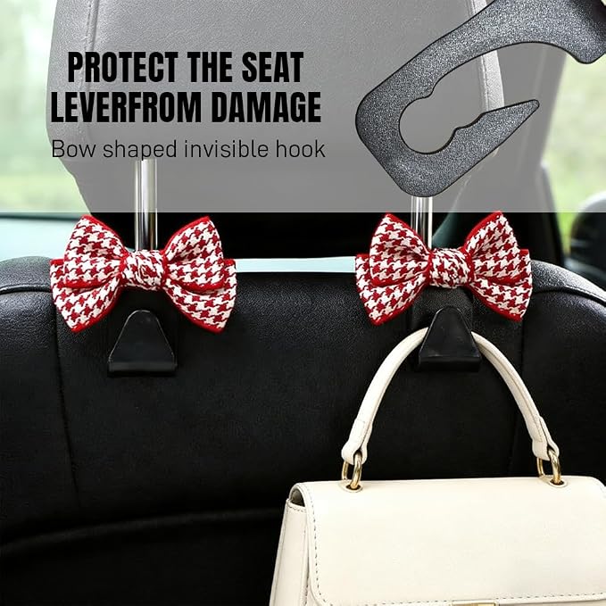 2PCS Car Seat Headrest Hooks, Car Purse Hook, Cute Bow Knot Vehicle Seatback Hanging Storage Organizer, Auto Seatback Decor Organizer Hanger for SUV Truck (Small Houndstooth/Red)