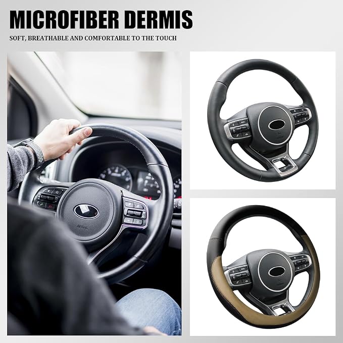 Car Steering Wheel Cover, 15 Inch Napa Leather Car Steering Wheel Protector, Slip-Resistant Elastic Steering Wheel Handle Cover, Universal Interior Accessories for Cars Trucks SUVs (Beige)