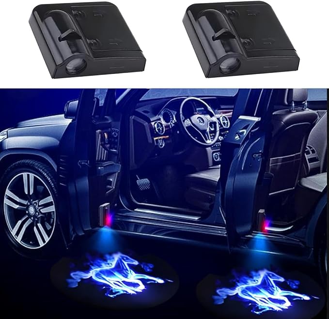 2PCS Car Door Light Projector, Universal LED Welcome Shadow Lights for Cars/SUVs/Trucks, Easy Installation Step Entry Lights, Durable Auto Door Accessories (Blue Horse)