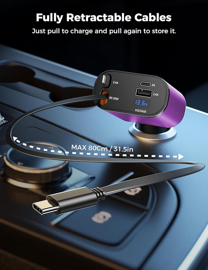 SUPERONE [Upgraded] Retractable Car Charger 4 in 1 Fast Car Phone Charger | USB C and Apple Multi Car Adapter with Cord 2.6ft, Compatible with iPhone 17 16 15/15 Pro Max/14/13/12/11, Galaxy, Pixel