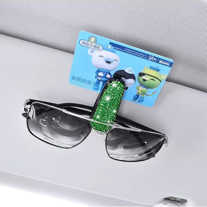 Turcee Set of 2 Bling Rhinestone Car Sun Visor Glasses Holders with Anti-Scratch Sponge,Car Decoration for Women Girls,Ticket Card Clip Visor Organizer (Green)