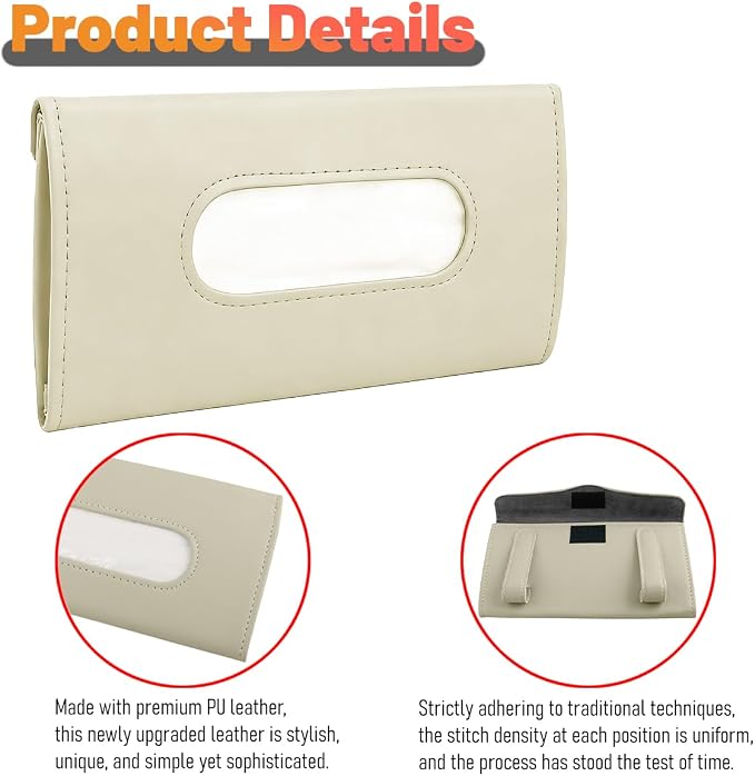 Car Visor Tissue Holder, Vehicle Sun Visor Backseat Napkin Case Mount with Tissues Refill, Automotive Interior Disposable Masks Holder, Universal for SUV Automobile Truck (Beige)