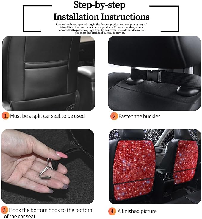 Luxury Bling Car Seat Back Protectors with Pockets – Sparkling Rhinestone Kick Mats, Universal Fit PU Leather Back Seat Covers for SUV Leather Seats, Diamond Protectors for Girls Red 2pcs