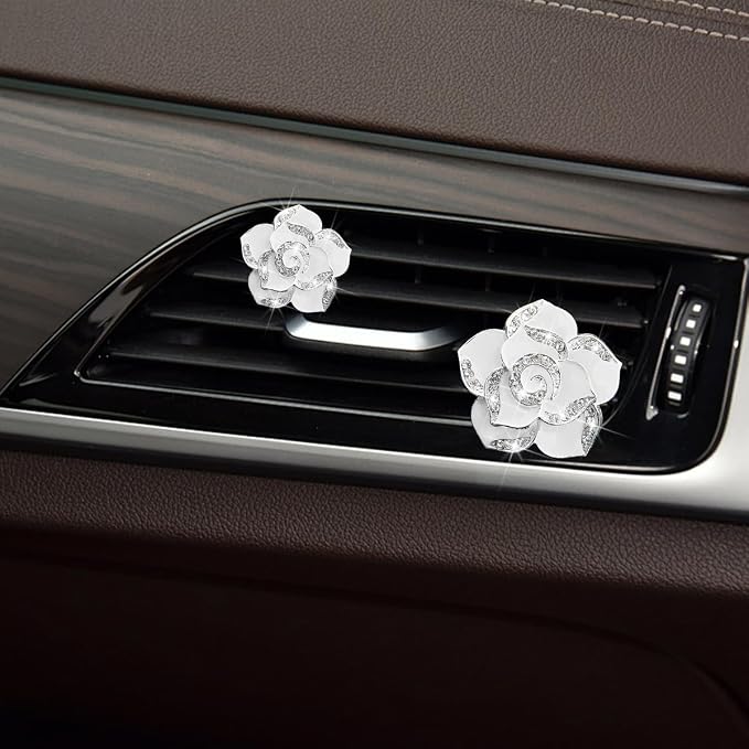 Osilly Bling Car Air Vent Clips, 4PCS/2Set Flower Rhinestone Vehicle Air Outlet Clamp, Sparkly Diamond Automotive Interior Vent Clip Charm Decor Accessories, Universal for SUV Truck RV (White)