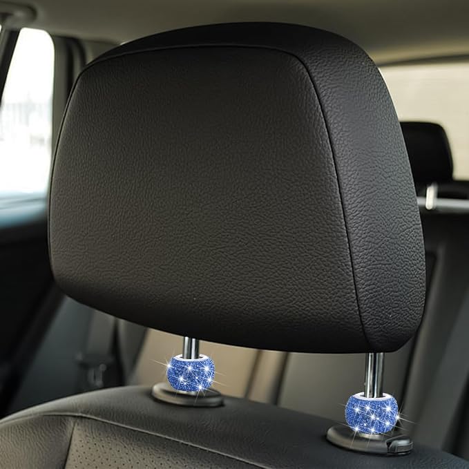4PCS Bling Car Headrest Collars, Crystal Rhinestone Vehicle Head Rest Collars Decorative Rings, Diamond Automotive Seat Interior Charms Accessories, Universal for SUV, Sedan, Truck (Blue)